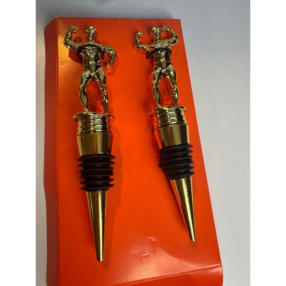 NEW‎ Garven Bar Muscle Man Bodybuilder Wine Stoppers Gold Tone Pair